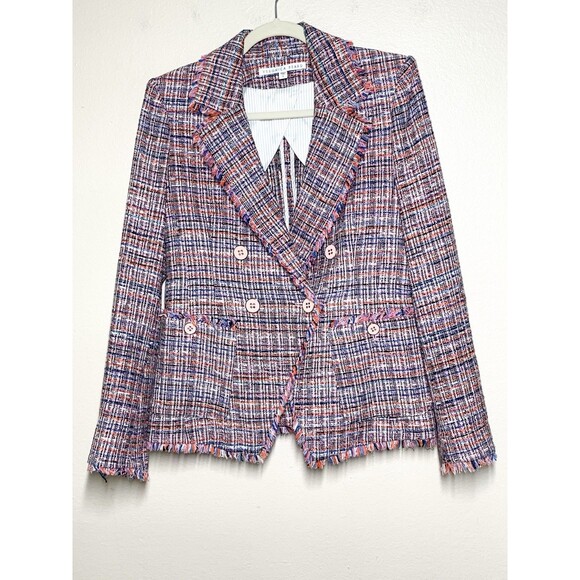 Veronica Beard Theron Blazer 6 Tweed Jacket Pockets Fringe Double-Breasted - Picture 1 of 6